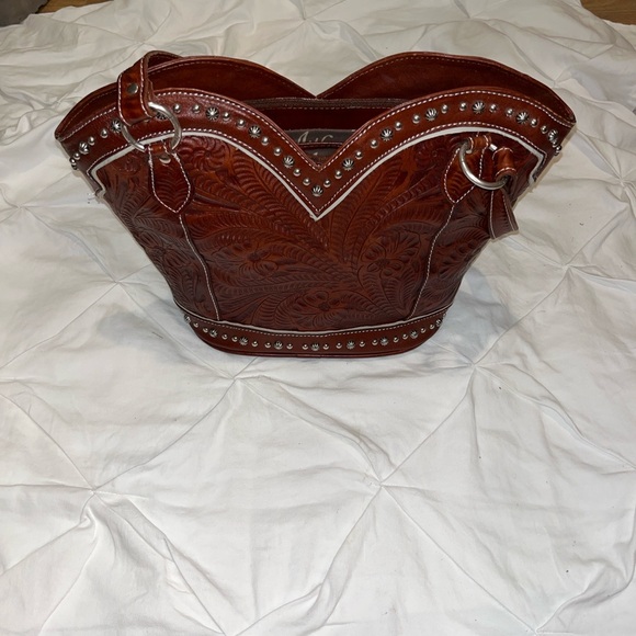 Embossed Brown Leather Crossbody Bag - Picture 7 of 14